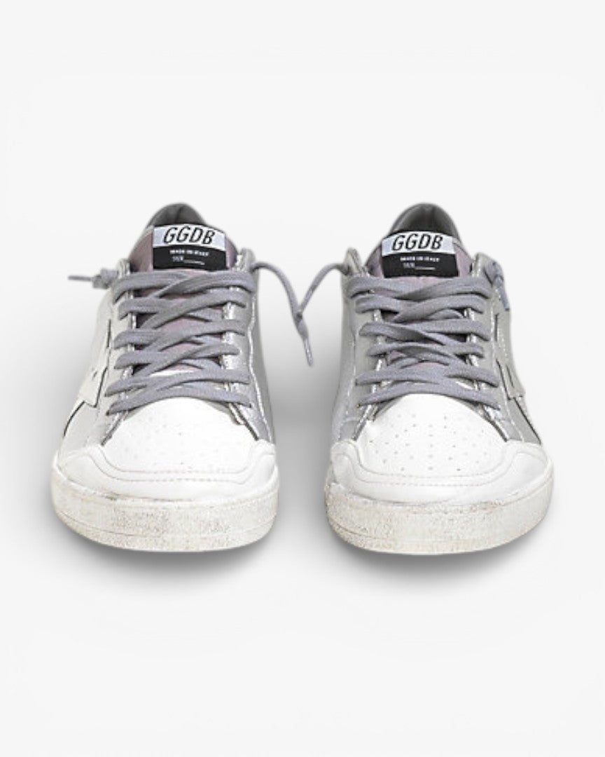 Golden Goose Ball Star White Leather Sneakers Silver Leather Star Silver Mirror Heel Tab