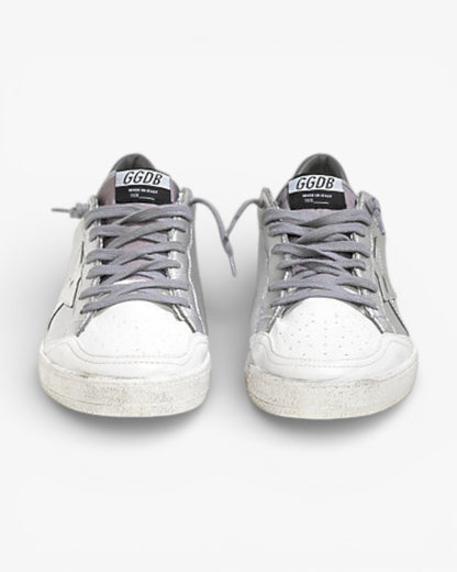 Golden Goose Ball Star White Leather Sneakers Silver Leather Star Silver Mirror Heel Tab