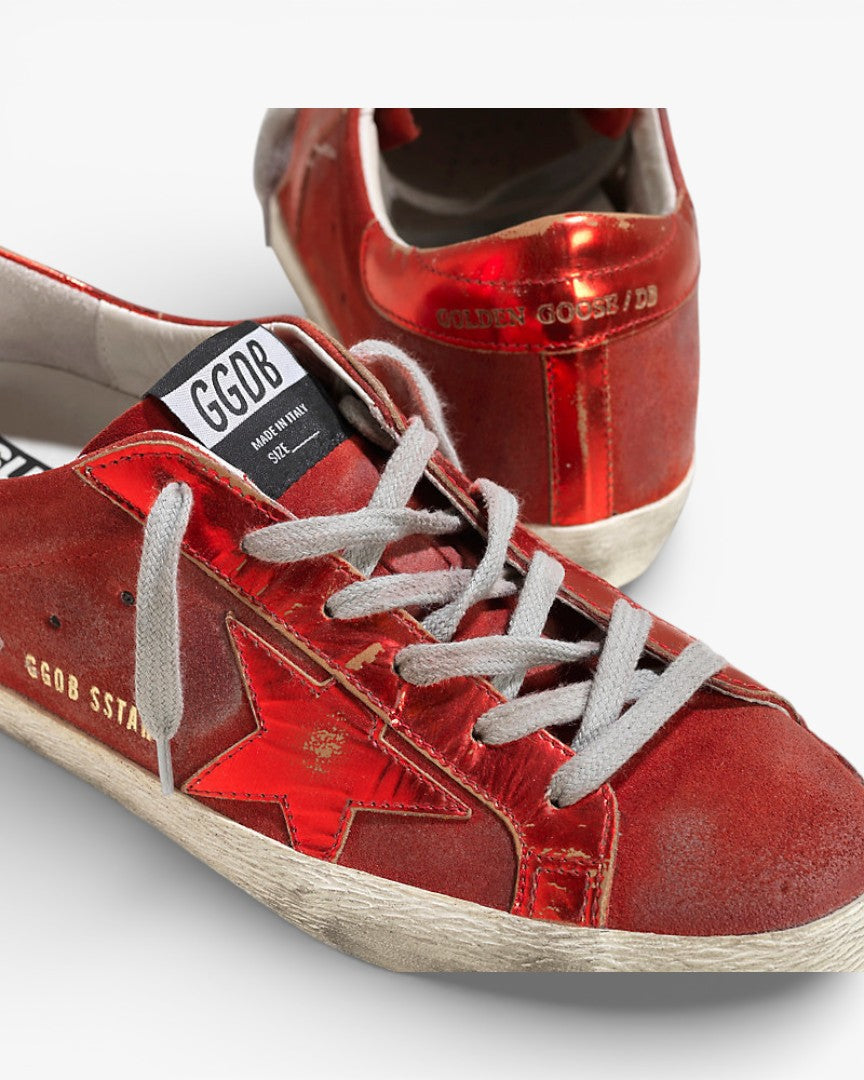 Golden Goose Super‑Star Sneakers Red Suede Laminated Leather Star