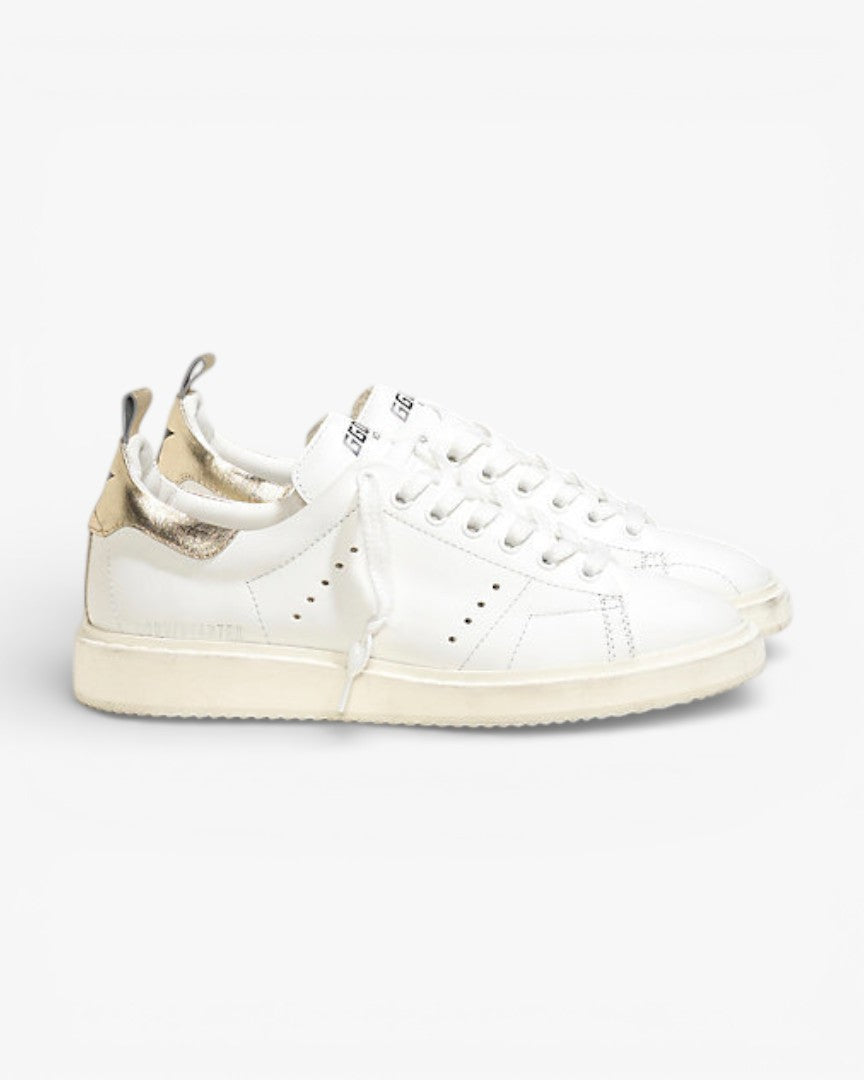 Golden Goose White Calf Leather Starter Sneakers with Gold Accents