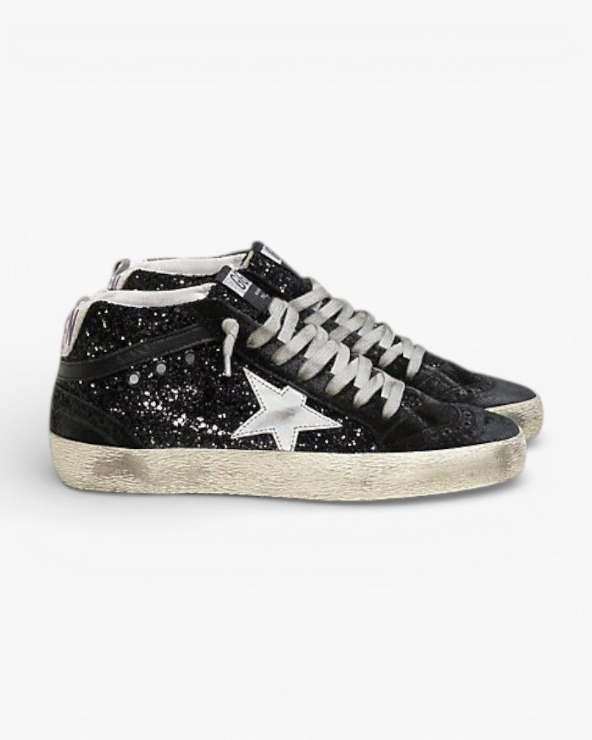 Golden Goose MID STAR Sneakers Pelle All Over Glitter Stella Pelle Laminata Black Glitter