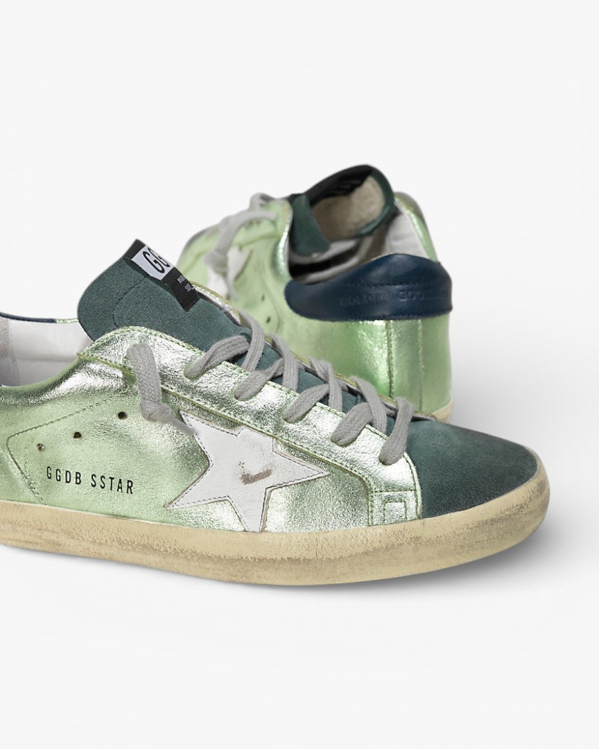 Golden Goose Super-Star Sneakers with Green Lamé Leather Star