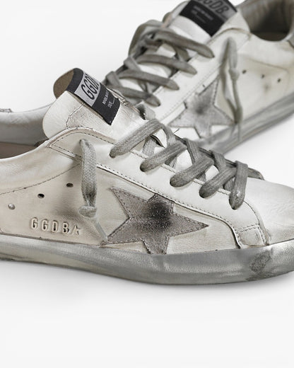 Golden Goose Super Star Leather Sneakers Suede Star Sparkle White Silver