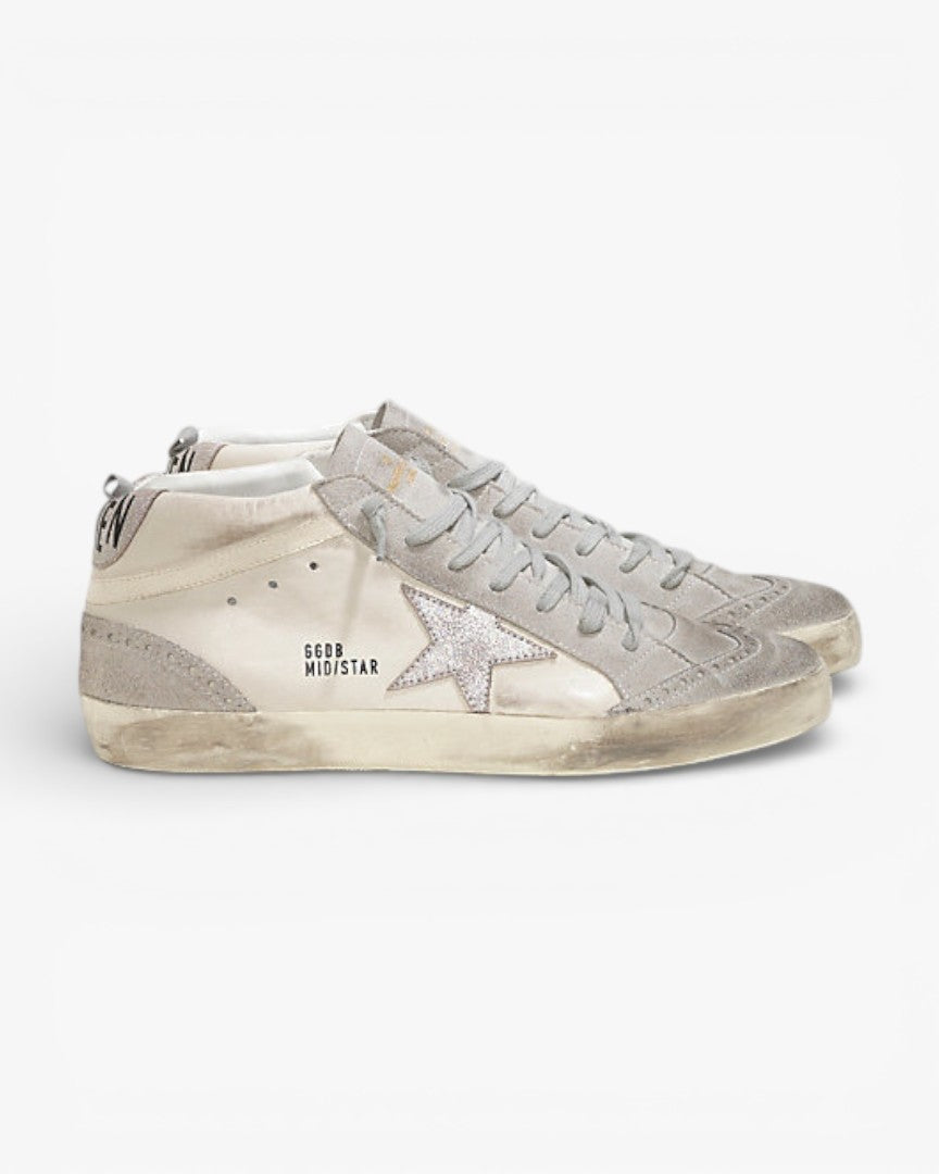 Golden Goose MID STAR Sneakers Pelle Stella Camoscio White Silver Star