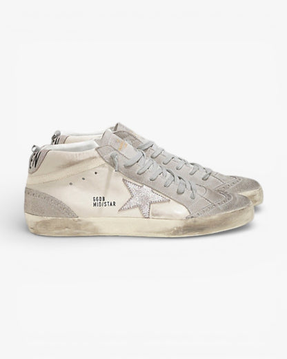 Golden Goose MID STAR Sneakers Pelle Stella Camoscio White Silver Star