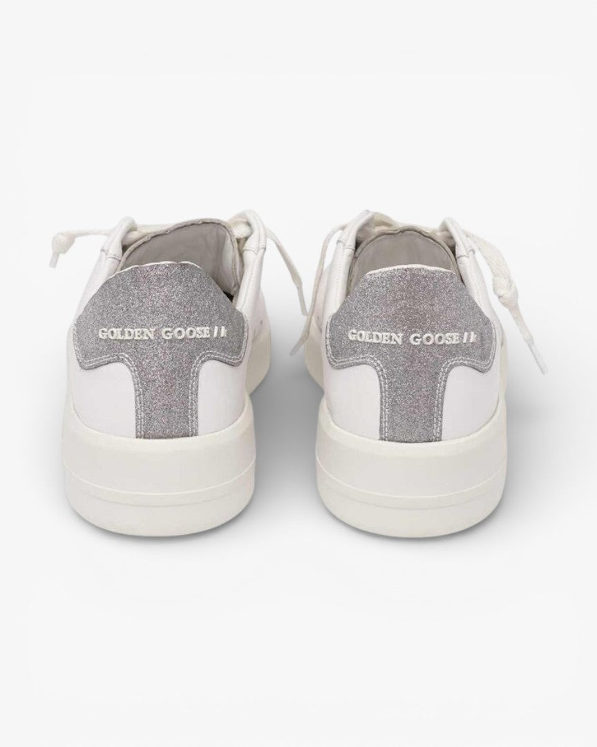 Golden Goose Purestar White Leather Sneakers Silver Glitter Heel
