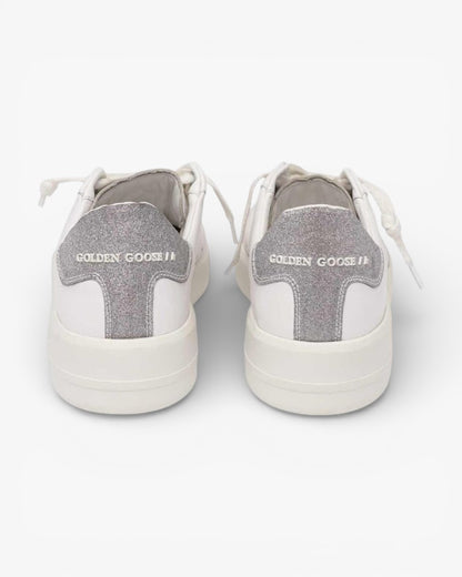Golden Goose Purestar White Leather Sneakers Silver Glitter Heel