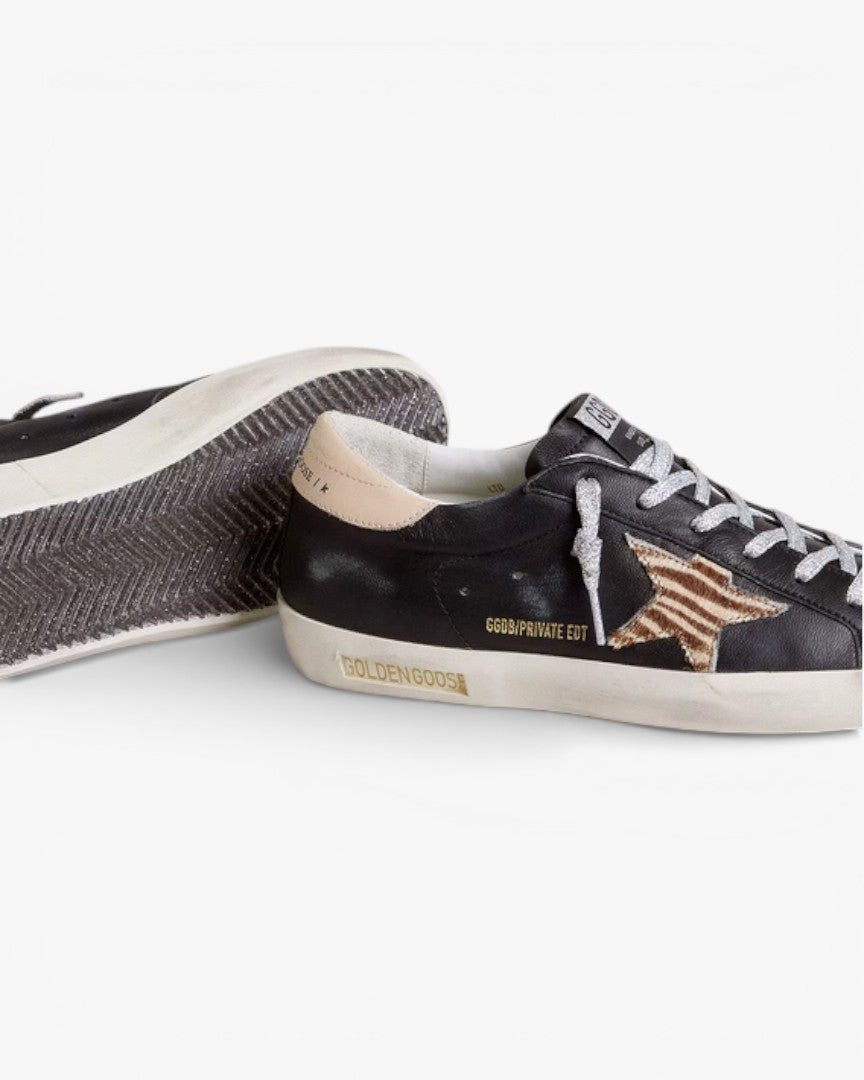Golden Goose Women’s Super-Star Black Nappa Leather Zebra-Print Pony Skin Star Beige Leather Heel Tab