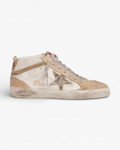 Golden Goose Mid Star LTD Sneakers Light Green Glitter Star Snake-Print Leather Insert