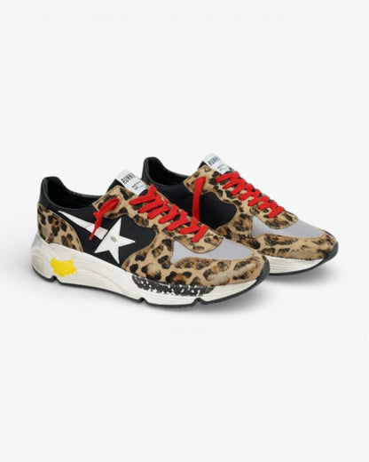 Golden Goose Running Sole Sneakers Leopard-Print Pony Skin Red Laces
