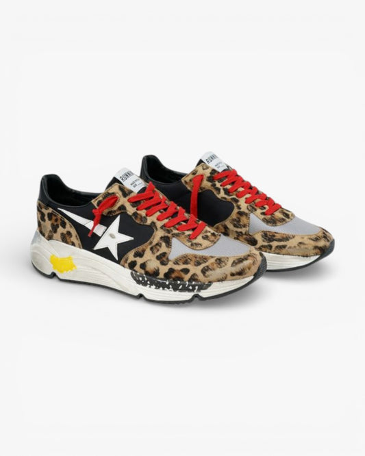 Golden Goose Running Sole Sneakers Leopard-Print Pony Skin Red Laces