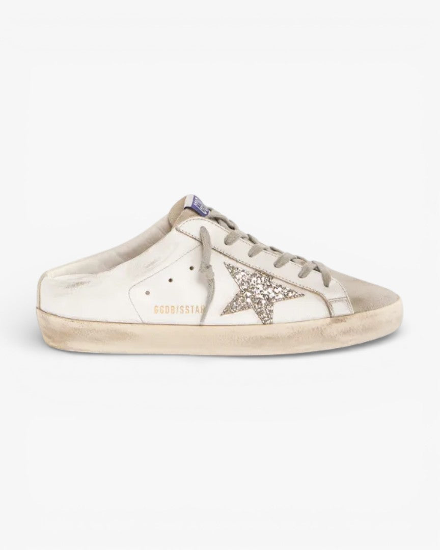 Golden Goose Super-Star Sabots with Silver Glitter Star