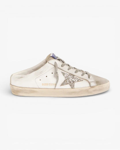 Golden Goose Super-Star Sabots with Silver Glitter Star