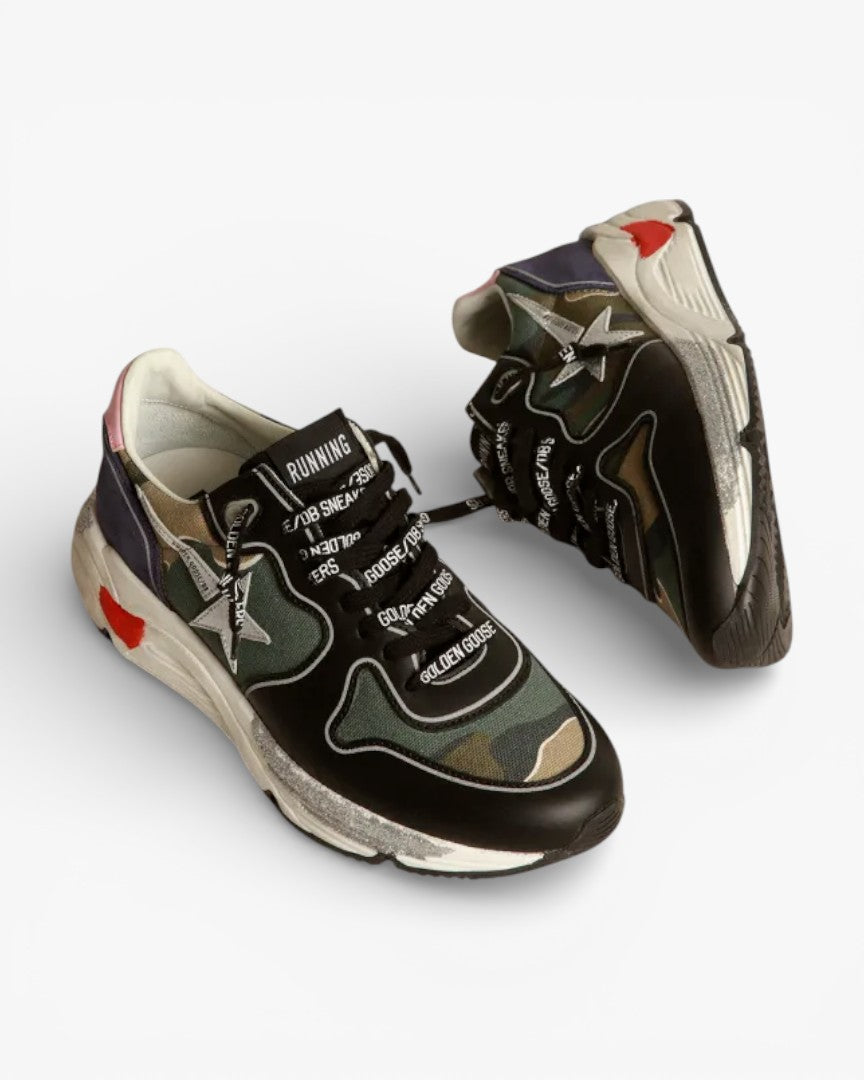 Running Sole sneakers in camouflage canvas with silver laminated leather star and baby-pink leather