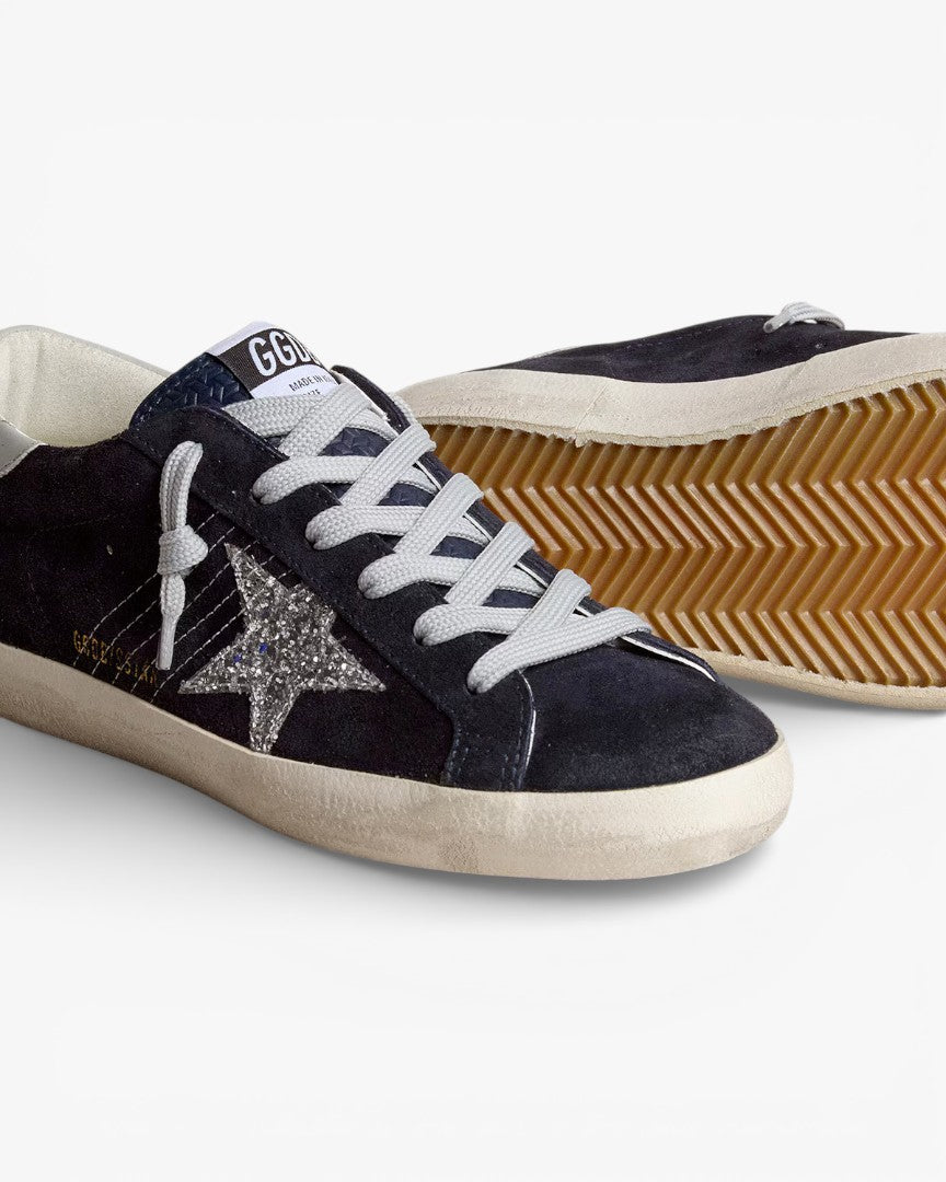 Golden Goose Women’s Super-Star Blue Suede Silver Glitter Star Leather Heel Tab