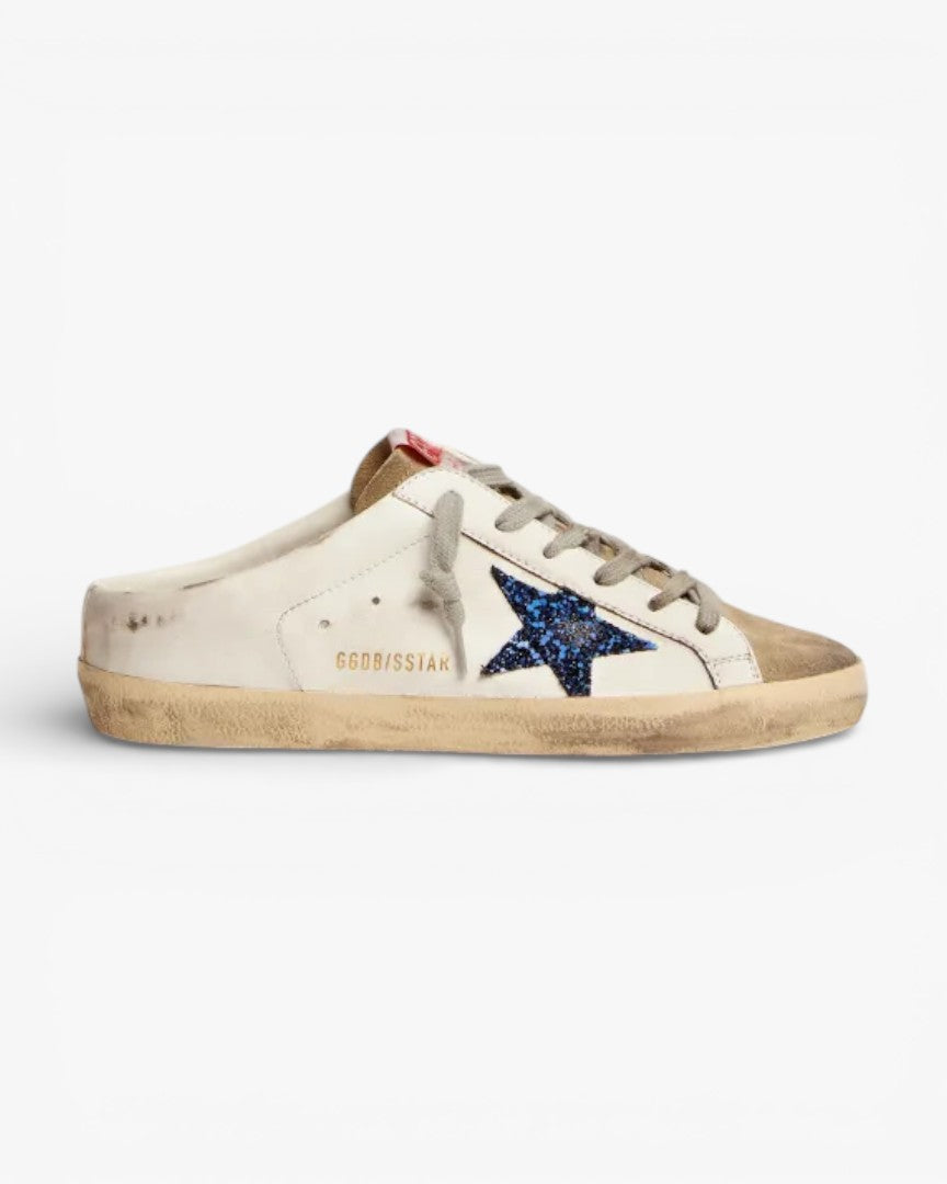 Golden Goose Super-Star Sabots White Leather with Blue Glitter Star
