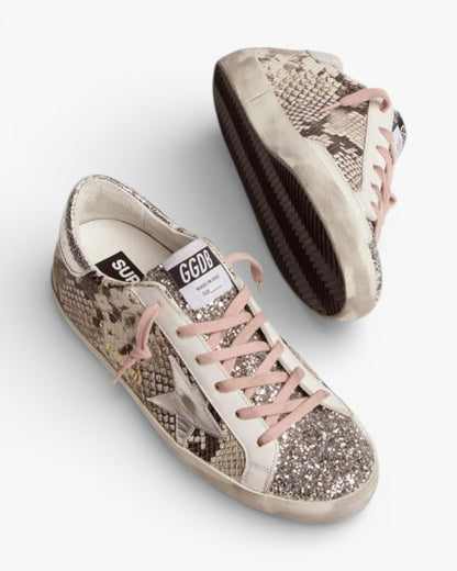 Golden Goose Super-Star LTD Sneakers with Snake Print and Glitter