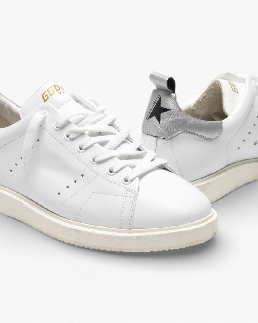 Golden Goose White Leather Stardan Sneakers with Metallic Silver Heel Tab