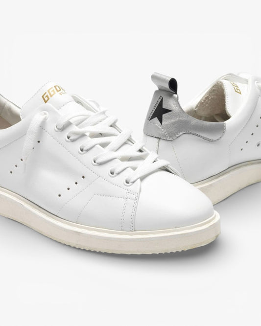 Golden Goose White Leather Stardan Sneakers with Metallic Silver Heel Tab