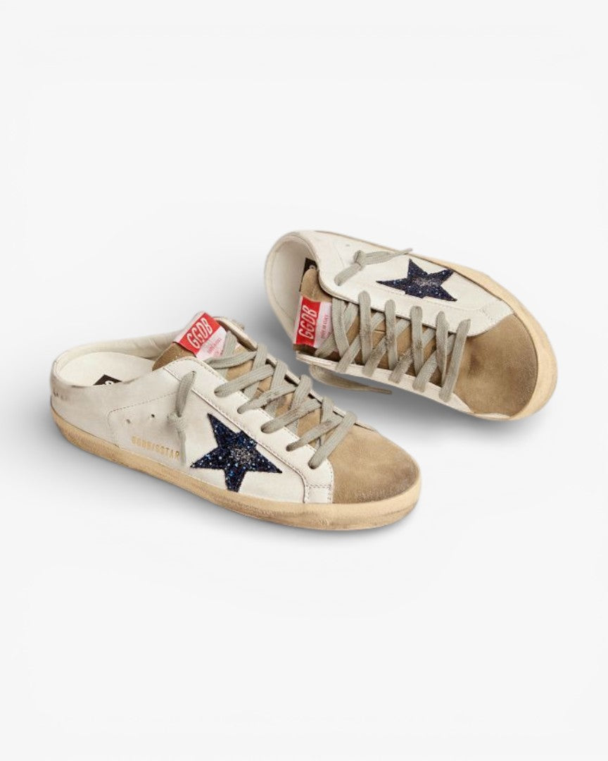 Golden Goose Super-Star Sabots White Leather with Blue Glitter Star