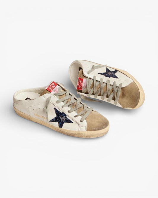 Golden Goose Super-Star Sabots White Leather with Blue Glitter Star