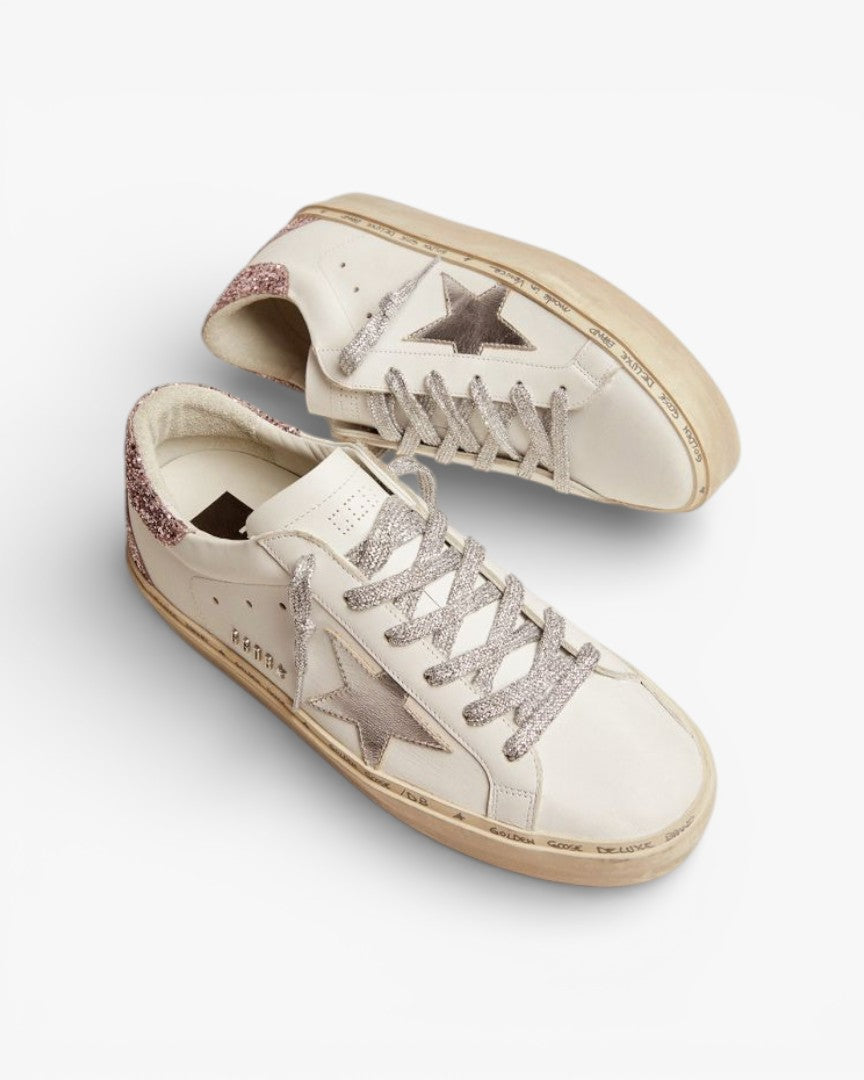 Golden Goose Hi-Star Sneakers Silver Laminated Leather Star Quartz-Pink Glitter Heel Tab