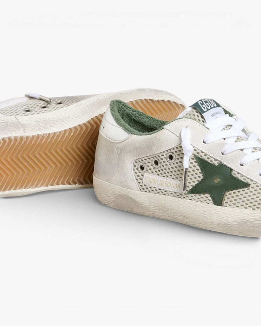 Golden Goose Women’s Super-Star LTD White Suede Mesh Green Leather Star Silver Foiled Heel