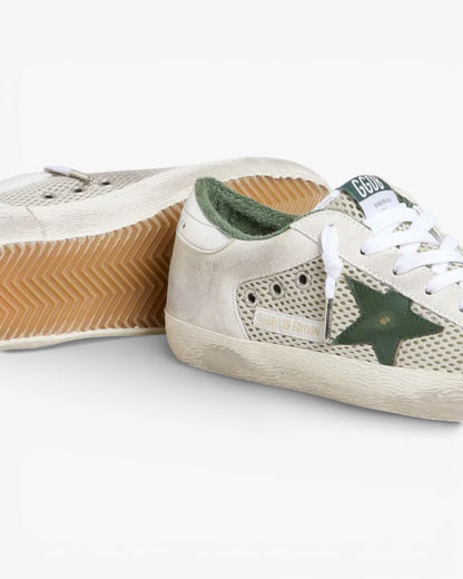 Golden Goose Women’s Super-Star LTD White Suede Mesh Green Leather Star Silver Foiled Heel