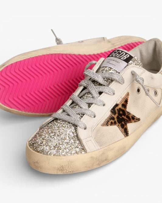 Golden Goose Super‑Star Sneakers Platinum Glitter Tongue Leopard Pony Skin Star