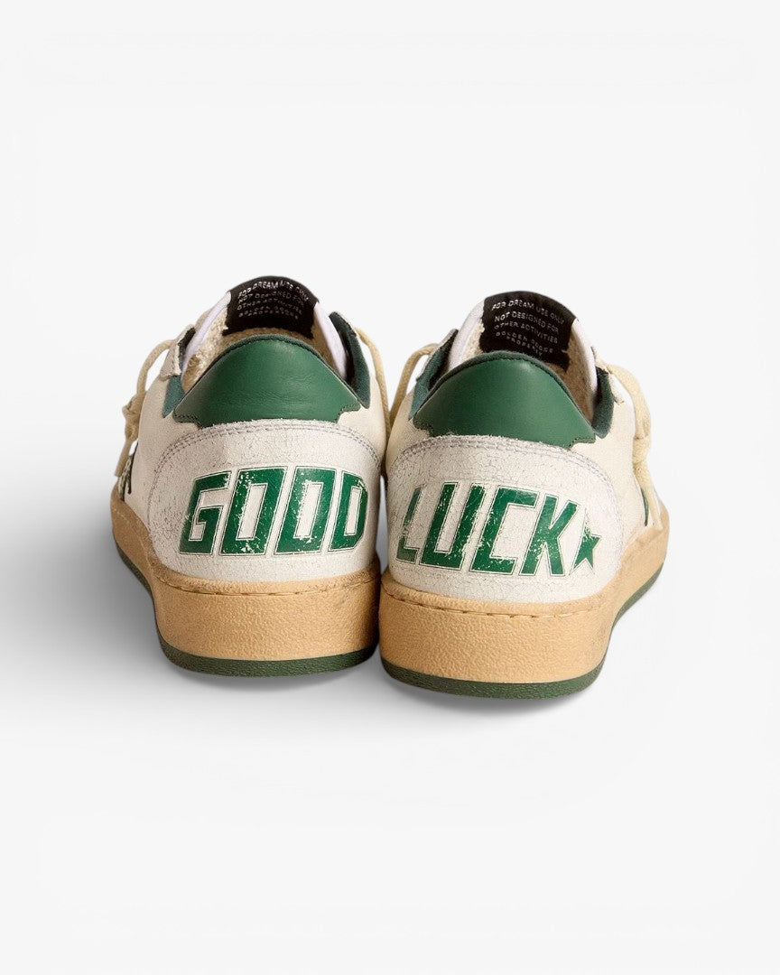 Golden Goose Ball Star White Leather Sneakers with Green Star