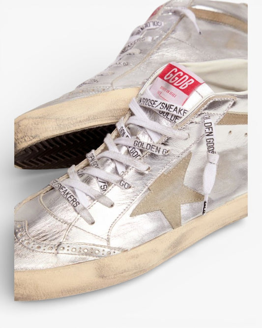Golden Goose Mid Star Sneakers Silver Metallic Leather Dove-Gray Suede Star Flash