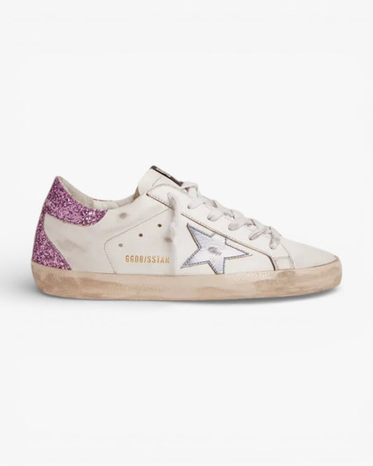 Golden Goose Super‑Star Sneakers Lavender Glitter Heel Light Blue Metallic Star