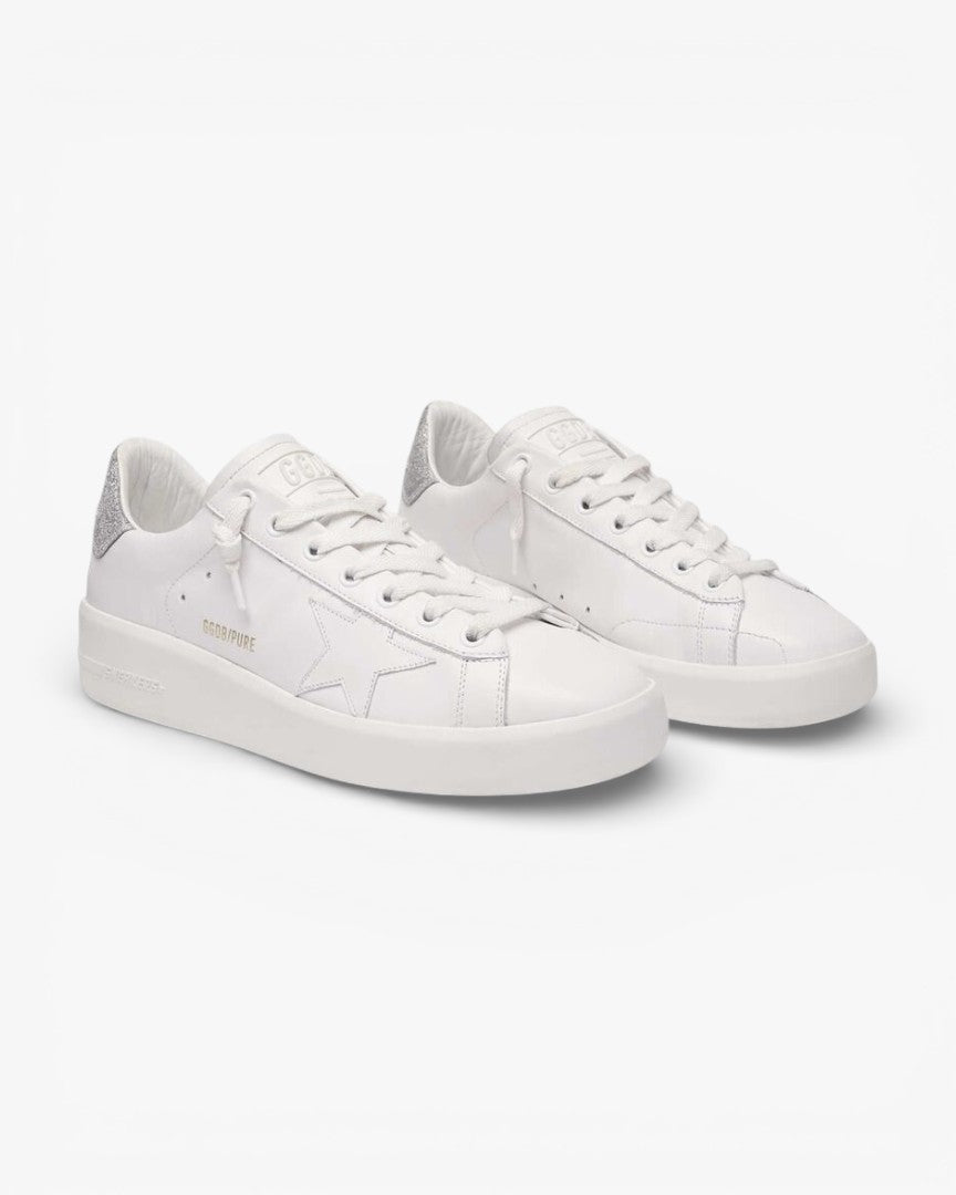 Golden Goose Purestar White Leather Sneakers Silver Glitter Heel