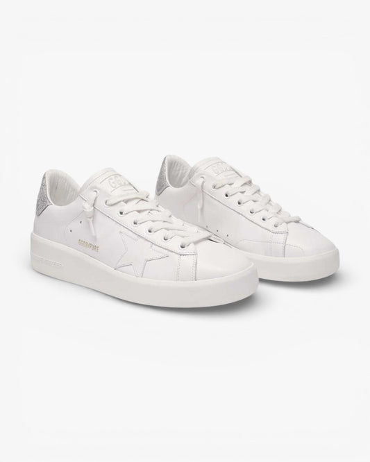 Golden Goose Purestar White Leather Sneakers Silver Glitter Heel