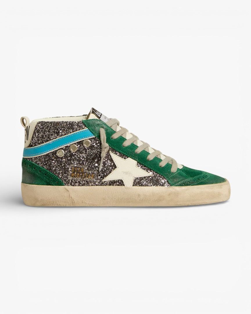 Golden Goose Mid Star Anthracite Glitter Leather Star Light Blue Flash