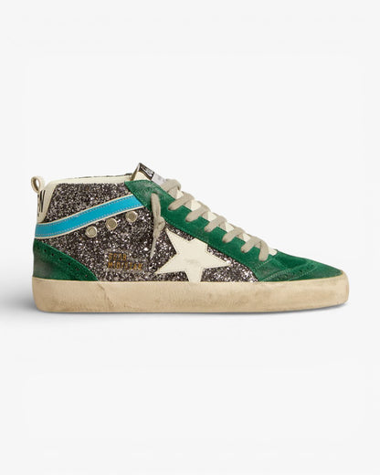 Golden Goose Mid Star Anthracite Glitter Leather Star Light Blue Flash