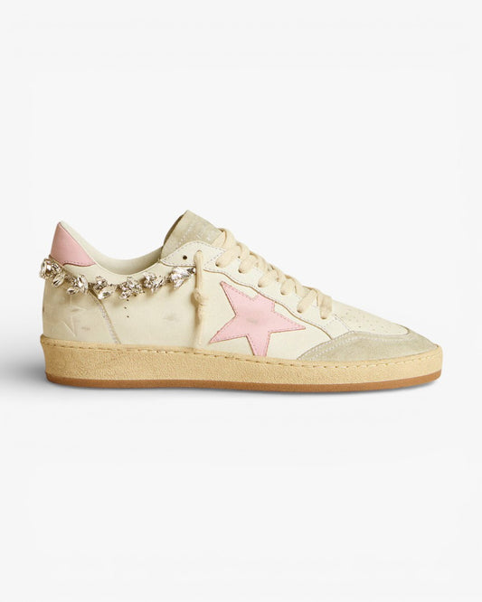 Golden Goose Superstar Cream Leather Sneakers with Pink Star and Crystal Heel Tab