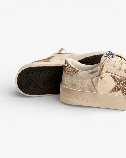 Golden Goose Stardan Ecru Nappa Leather Sneakers Gold Glitter Star
