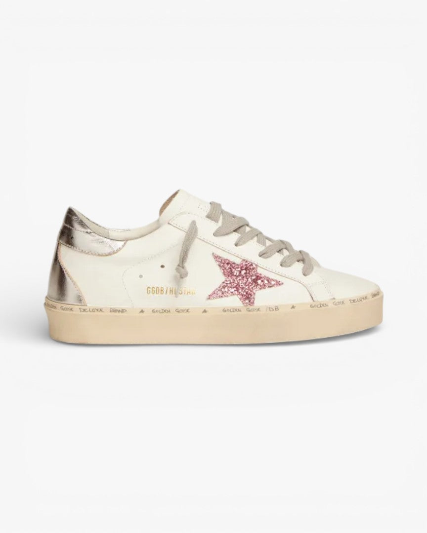Golden Goose Hi-Star Sneakers Silver Laminated Leather Heel Tab Pink Glitter Star