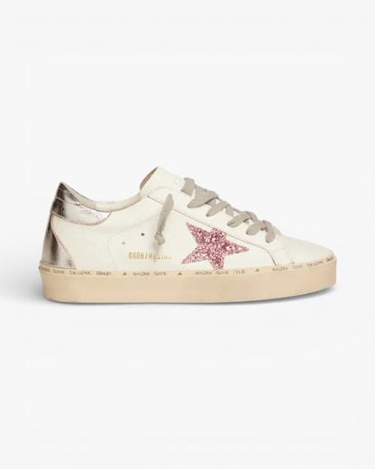 Golden Goose Hi-Star Sneakers Silver Laminated Leather Heel Tab Pink Glitter Star