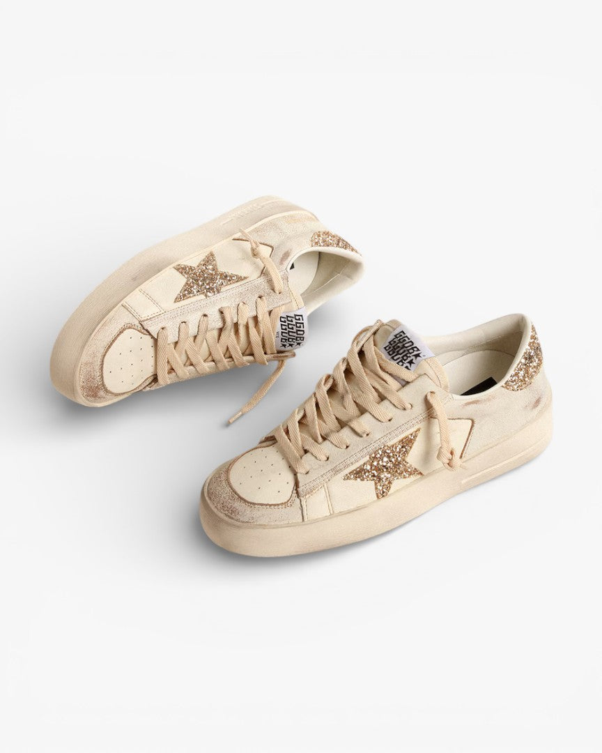 Golden Goose Stardan Ecru Nappa Leather Sneakers Gold Glitter Star
