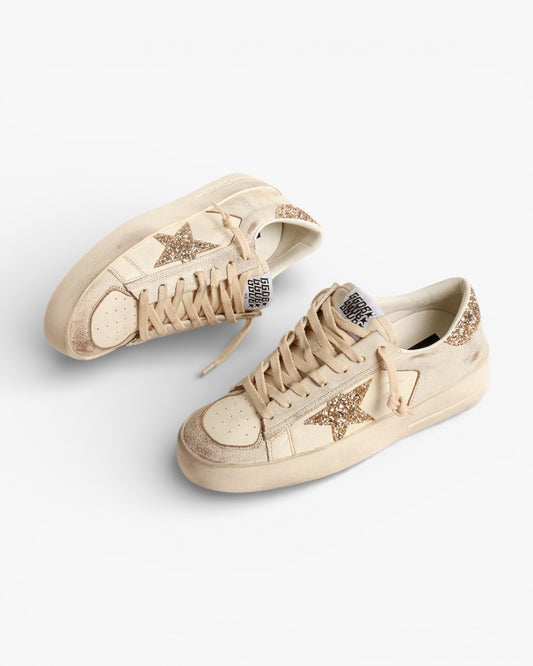 Golden Goose Stardan Ecru Nappa Leather Sneakers Gold Glitter Star