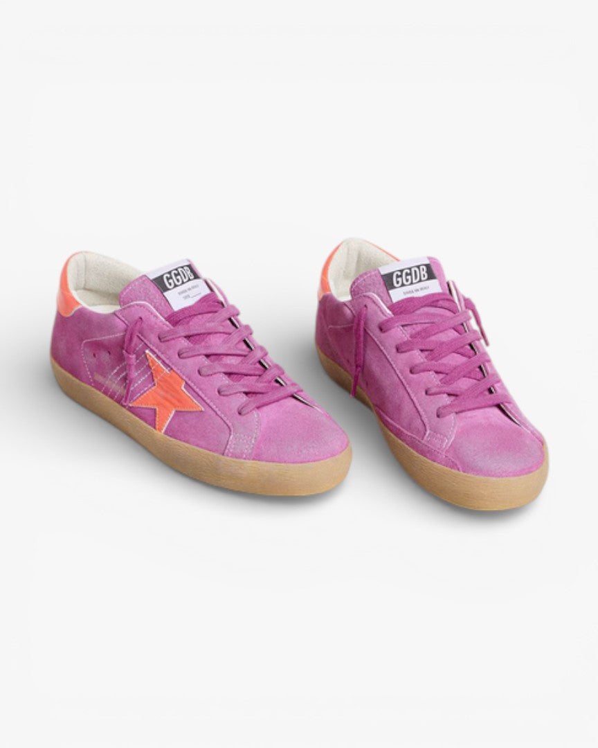 Golden Goose Women’s Super-Star Fuchsia Suede Fluorescent Orange Laminated Leather Star Heel Tab