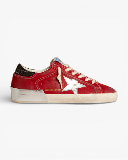 Golden Goose Women’s Super-Star LTD Red Nubuck Leather Star Glitter Heel Tab