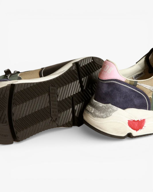 Running Sole sneakers in camouflage canvas with silver laminated leather star and baby-pink leather