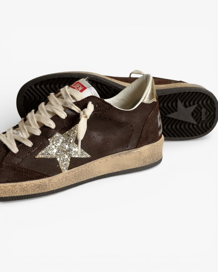 Golden Goose Ball Star Brown Suede Sneakers Platinum Glitter Star