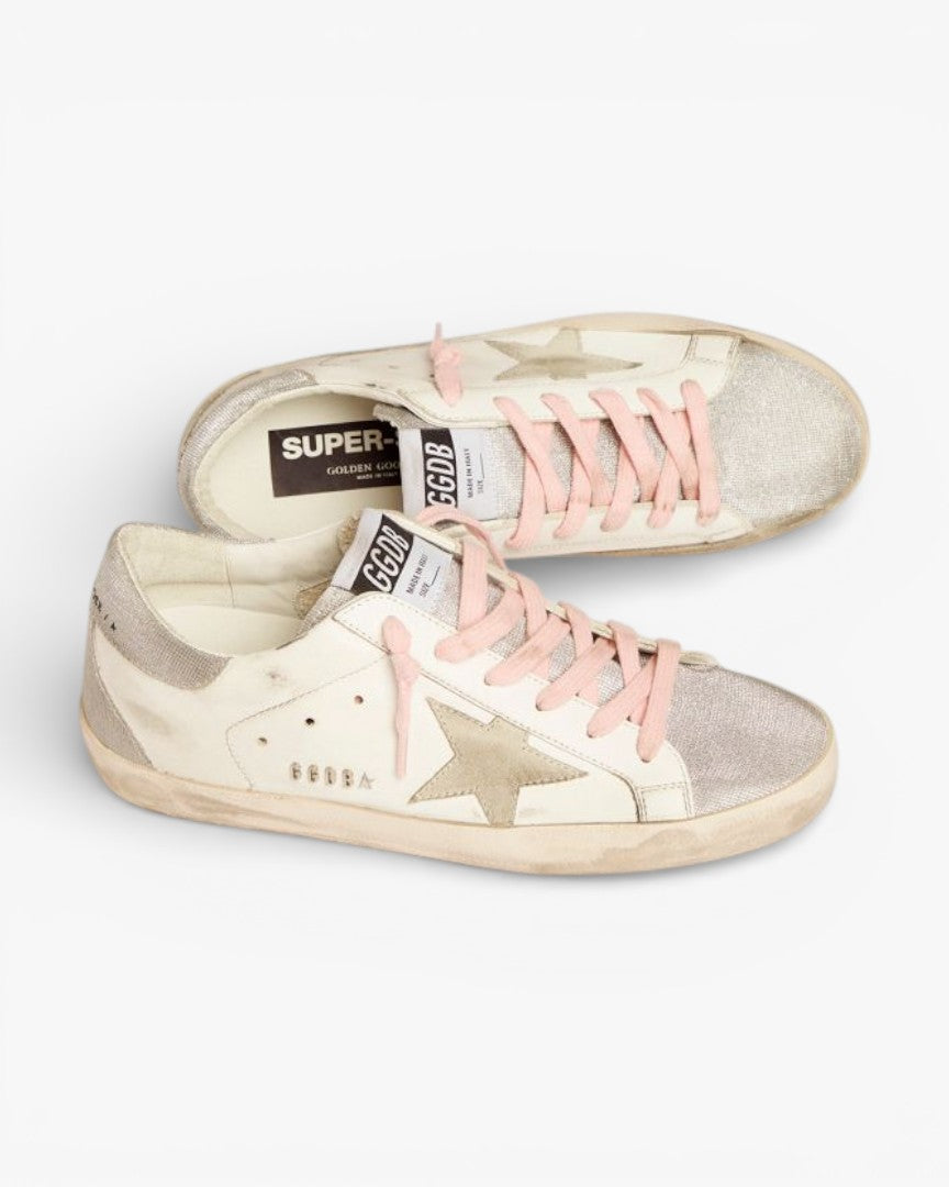 Golden Goose Super-Star Sneakers with Silver Glitter Tongue and Checkered Heel Tab