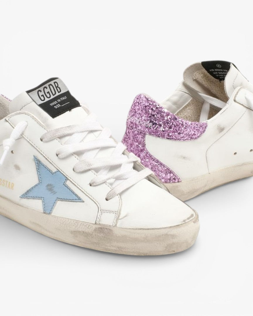 Golden Goose Super-Star Sneakers with Lavender Glitter Heel Tab