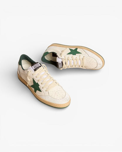 Golden Goose Ball Star White Leather Sneakers with Green Star