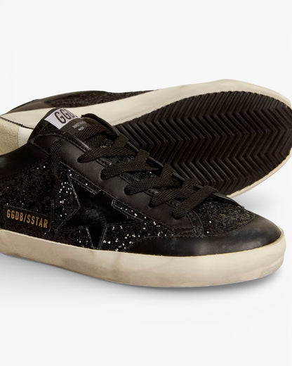 Golden Goose Women’s Super-Star Black Nappa Glitter Glossy Black Leather Star